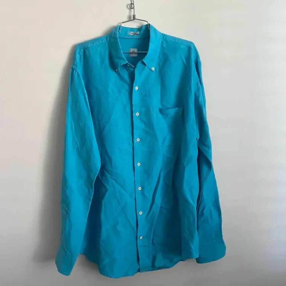 Peter Millar Shirt Mens Ocean Blue Silk Linen Blend Long Sleeve Button Up